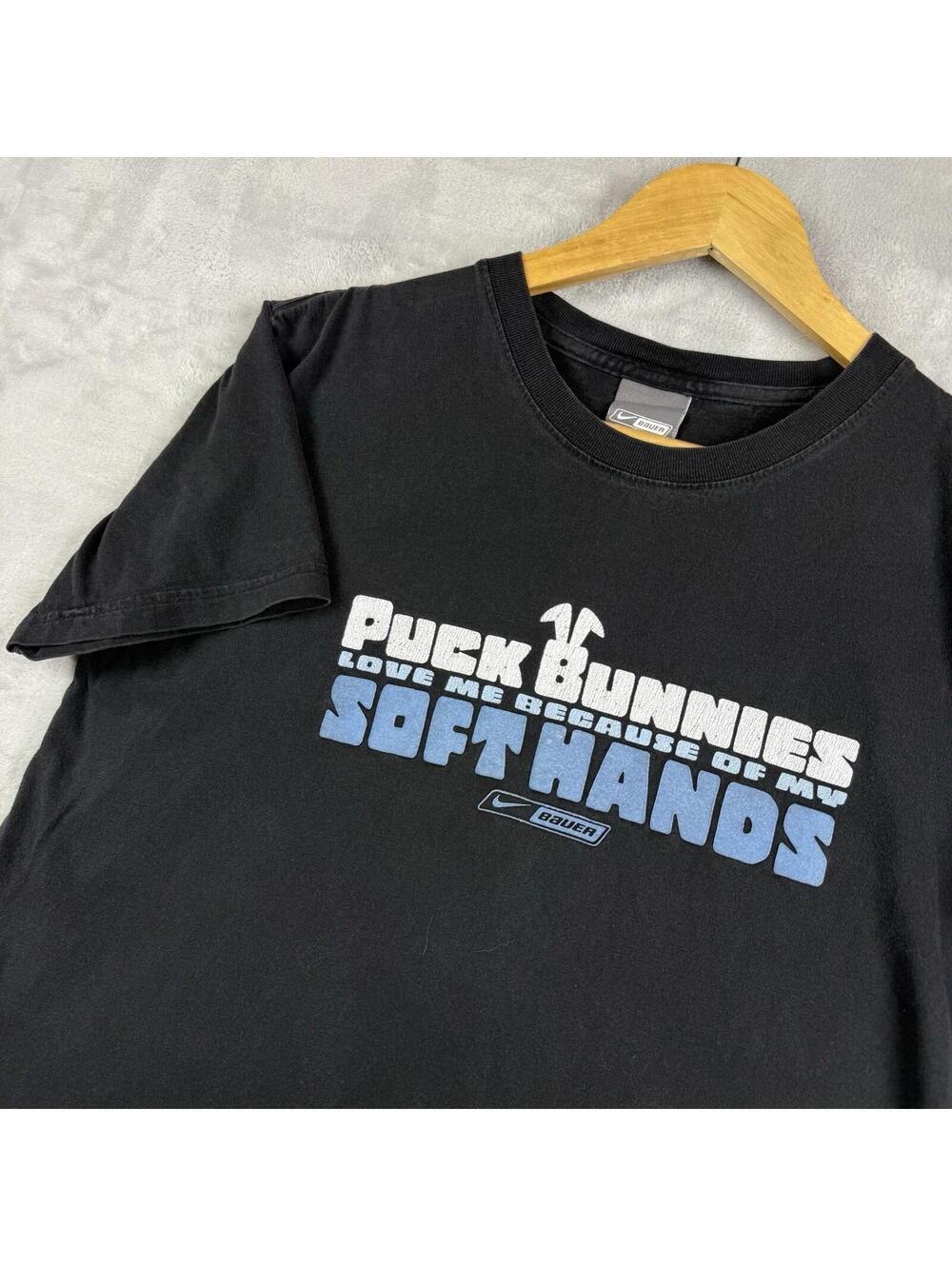 Y2K Nike Bauer Hockey Puck Bunnies Graphic T-Shirt S Black 'love my soft hands'